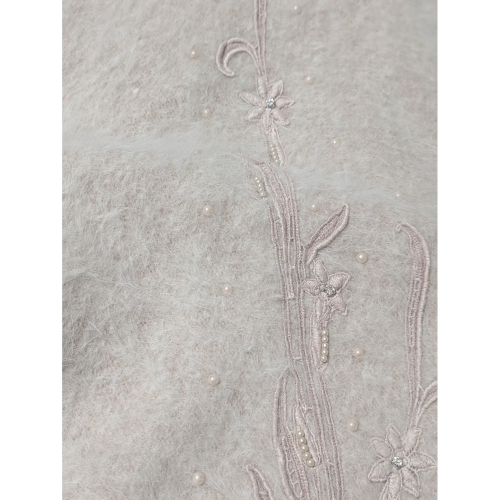 Vtg Venesha Angora Sweater Cardigan Large Pale Pink Fuzzy Pearl Beaded Preppy - Picture 5 of 15